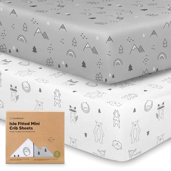 Pack and Play Sheets Fitted - 2-Pack Mini Crib Sheets for Pack N Play Mattress 38x26, Soft & Cozy, Neutral Toddler Playard Bedding, Snug Fitted Mini Baby Crib Mattress Cover Boy, Girl (Woodland)