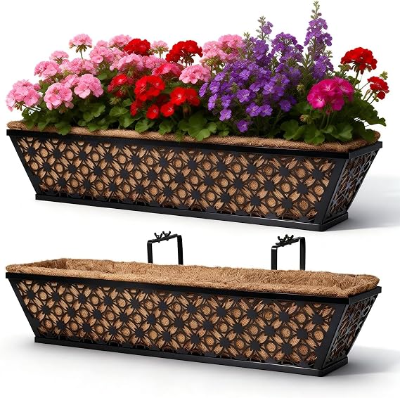 2 Set Deck Railing Planter Box 24" Black Metal Garden Trough Deck Planter English Horse Trough Window Box with Coco Liners