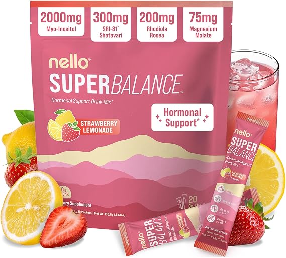 Nello Superbalance Hormonal Support Drink Mix, SRI-81 Shatavari, Myo-Inositol, Rhodiola Rosea, Vitamin C, Magnesium, Theobromine (20 Servings, Strawberry Lemonade)