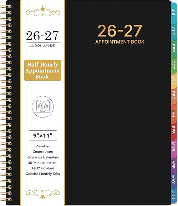 Appointment Book 2026-2027 - Planner 2026-2027, 9" x 11", July 2026 - June 2027, Daily Hourly Planner with 30-Minute Interval, Weekly & Monthly, Colorful Monthly Tabs, Inner Pocket - Black