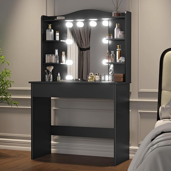 Black Dressing Table, Vanity Table with Mirror and Lights, Make Up Desk with 1 Drawer, 6 Shelves, 1 Large Shelf, 10 lights, Makeup Desk, Adjustable Brightness & Colour Size 40Dx90Wx146HCM Living Room