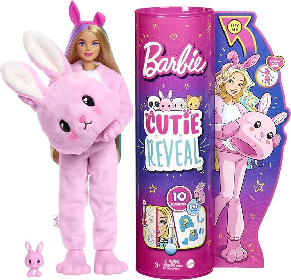 Barbie Doll, Cutie Reveal Bunny Plush Costume Doll with 10 Surprises, Mini Pet, Color Change and Accessories, HHG19