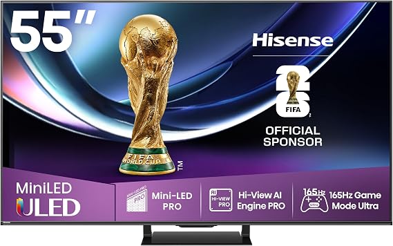 Hisense 55U7Q Pro - 55" Mini LED Pro Smart TV, Hi-View AI Pro Processor, 165Hz Ultra Gaming Mode, Full Array Local Dimming, 2.1.2 Sound, Dolby Vision IQ, Dolby Atmos, Anti-Glare [Energy Class E]