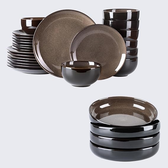 LeRatio Ceramic Dinnerware Sets for 8,Stoneware Plates and Bowls Sets,Handmade Reactive Glaze Dishes Set,Chip Resistant and Scratch Resistant | Oven&Dishwasher & Microwave Safe-Chestnut(28PCS)