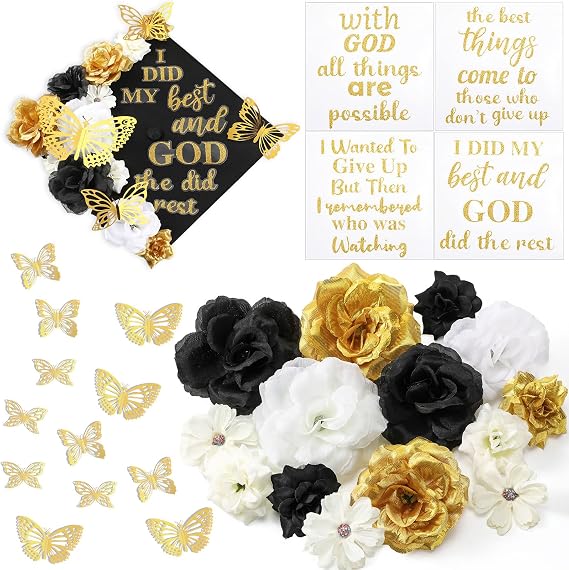Knitgrip 31 Pcs Locker Decorations, 3D Butterfly Wall Decor Faux Flower Heads for Classroom, Back to School, Birthday, Wedding Decorations(Black, White, Gold)