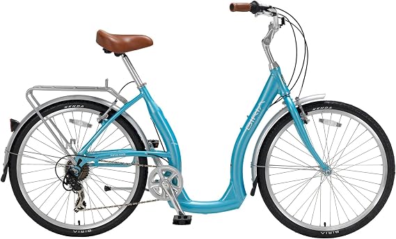 BIRIA Easy Boarding 7 Speed Step Through Bike - Ultra Low Step-Thru Cruiser Bicycle, 15.5 Inch (40CM) Frame Size, Blue.