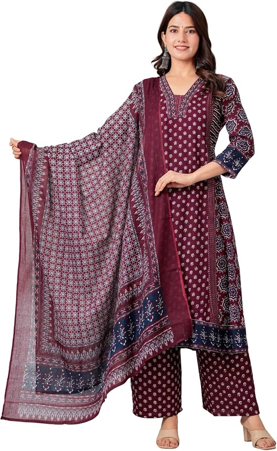 Anarkali Kurta Set for Women Rayon Printed Anarkali Kurti Pant Dupatta Set 3/4 Sleeve Maroon Festive Wear