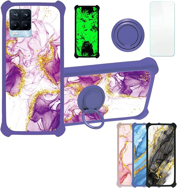 Aroepurt Case for Realme 8 PRO Case Compatible with Realme 8 PRO Phone Case Cover [with Tempered Glass Screen Protector][PC + TPU 2 in 1][Ring Support] [Gold Glitter+Luminous] JSZ-ZDL