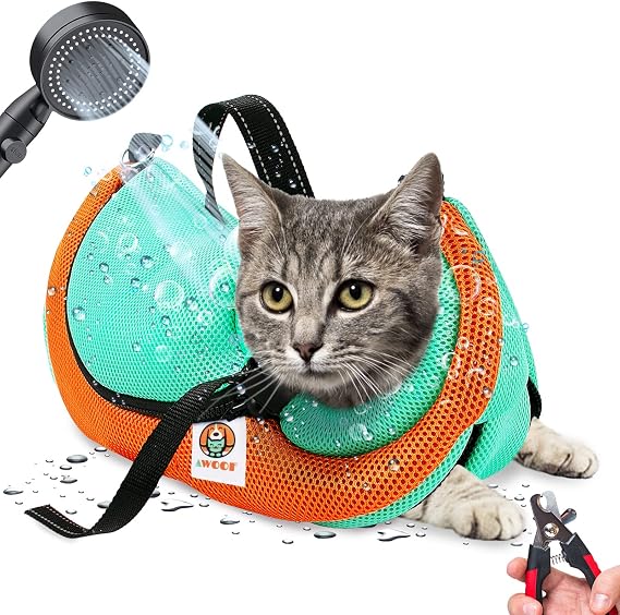 Cat Grooming Bag Adjustable Cat Bathing Bag Breathable Mesh Cat Shower Bag | Cat Sling Bag Durable Mesh Cat Shower Bag for Small Medium Large Cats Nail Trimming Ear Cleaning Medicine Taking