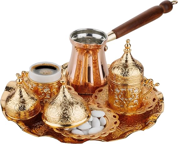 DEMMEX Turkish Greek Arabic Coffee Making and Serving Full Set with Cups Saucers Lids Sugar Bowl Tray and Copper Coffee Pot, 12 Pcs, Gold