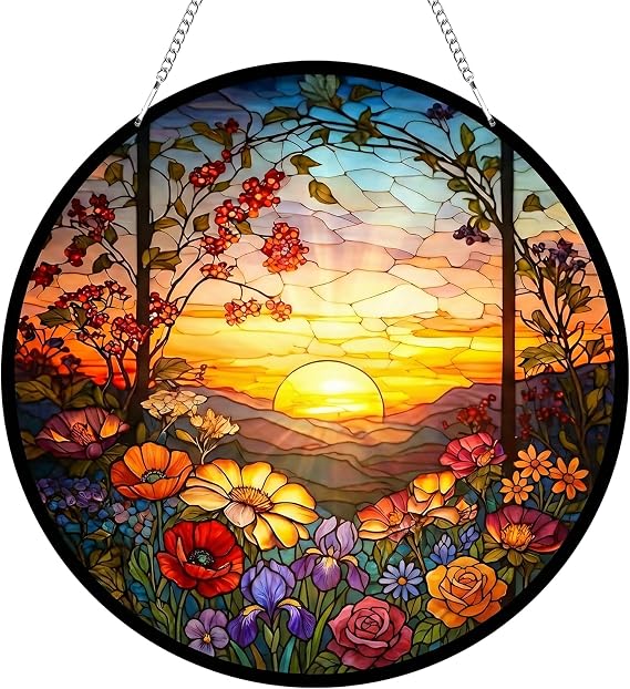 Sunset Glow Suncatcher, Nature Artistic Sun Catchers for Windows Hanging, Stained Glass Window Decor for Home Outdoor Wall Fence Decorations