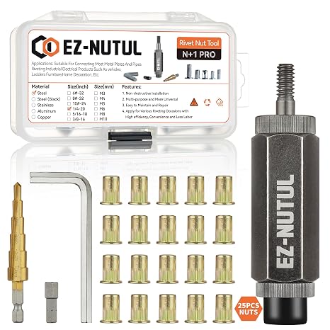 Rivet Nut Installation Tool Set Flat Head Rivnut Threaded Insert Nut Kit SAE & Metric for Metal Heavy Duty Zinc Plated Nutsert (1/4-20(Rivet Nut Tool-25pcs))