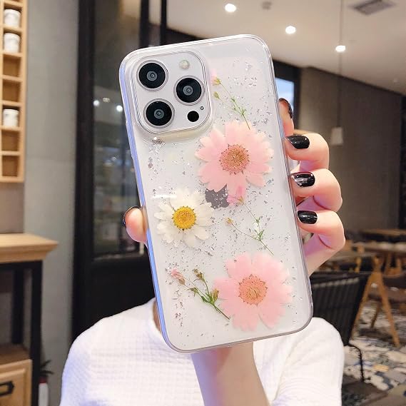EYZUTAK Case for iPhone 16 Pro Max, Bling Glitter Sequin Handmade Real Dried Flowers Leaf Clear Crystal Aesthetic Case Embedded Pressed Floral Soft Rubber Gel TPU Protective Bumper Cover - Pink