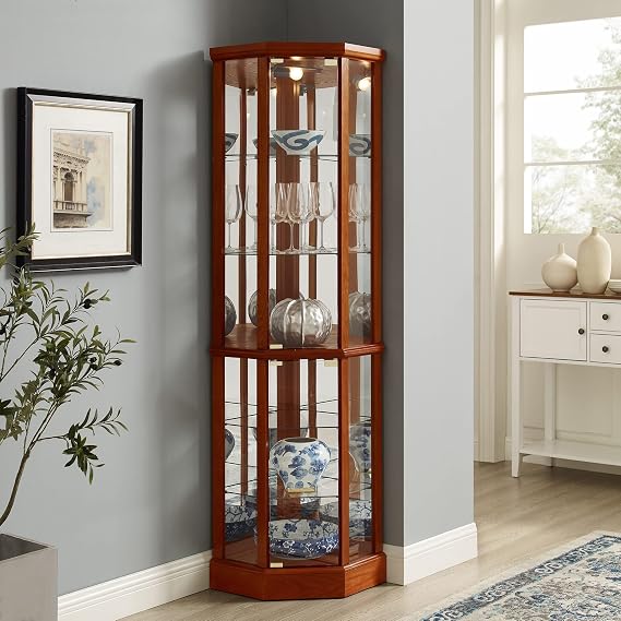 70" Corner Curio Cabinet with Glass Doors, Lighted Corner Display Cabinet with Mirrored Back, Adjustable Glass Shelves, Tall China Cabinet