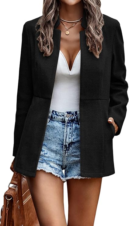 Jhsnjnr Women's Jackets Open Front Casual Business Office Cardigan Blazers Long Sleeve Stand Collar Outwear Coats