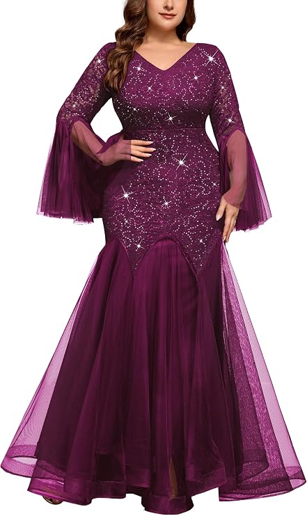 MISSMAY Women's Plus Size Formal Dresses Evening Gowns Wedding Sequin Lace | V Neck,Tulle Mermaid Hem,Sheer Long Sleeves,Guest Mother of The Bride,Prom Long Dresses,for Curvy Women