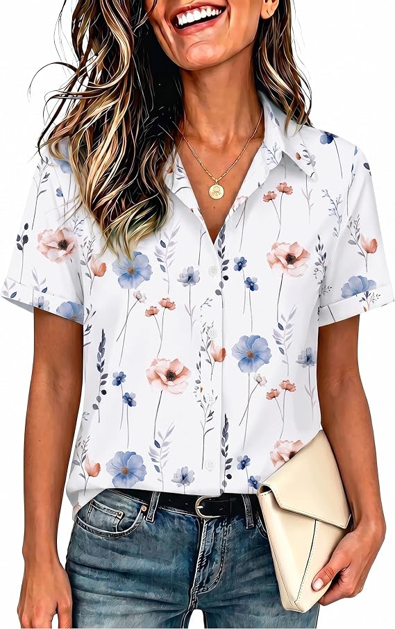 Zeagoo Womens Button Down Blouse Rolled Cuffed Short Sleeve Shirts Casual Work Blouse Summer Hawaiian Outfits