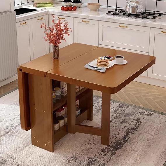 Solid Wooden Drop Leaf Dining Table,folding dining table with Double Layer Storage Rack,Collapsible Extension Dinner Kitchen Office Desk Tables(Walnut color,120x60cm)
