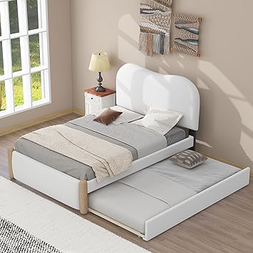 Twin Size Upholstered Platform Bed with Trundle, Berber Fleece Platform Bed Frame with Wood Supporting Feet and Arc-Shaped Design Headboard, No Box Spring Required (White-AR, Twin)
