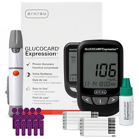 ARKRAY GLUCOCARD Expression Blood Glucose Monitor Kit Audio-Enabled, Auto-Code Blood Glucose Monitoring System - Includes 10 Test Strips, 10 Lancets, 1 Lancing Device & 1 Bottle Control Solution