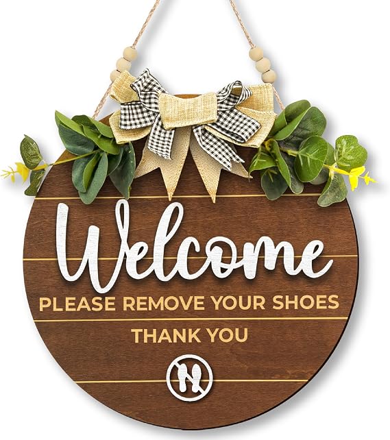 Woodamore Welcome Please Remove Your Shoes Sign, Wood Front Door Wall Decor