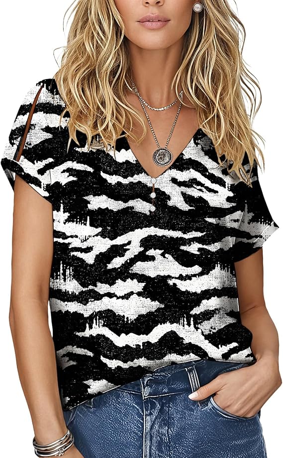 Artistic DAnimal Leopard Print Shirt Women's Boho Split V-Neck Short Sleeve Blouses Beach Tunic Hawaiian Vacation