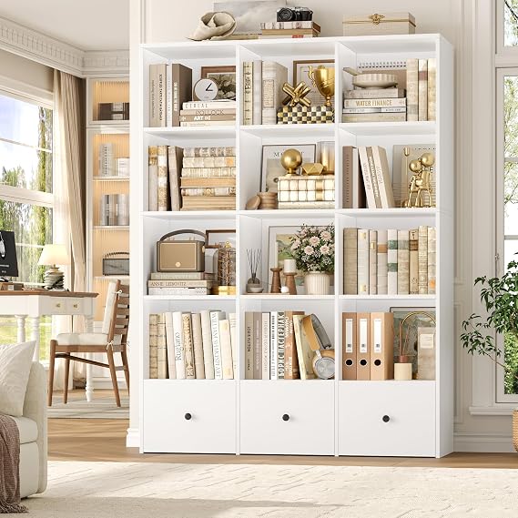 FINETONES 68.8 Tall Bookshelf with Drawers, 5 Tier White Bookshelf with Storage, 47.2 Triple Bookcase with 12 Open Display Shelves, Wooden Bookshelves and Bookcases for Home Office (White)