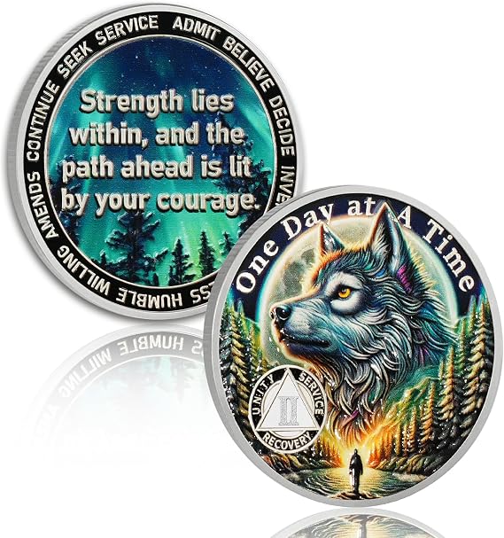 Brave Wolf 2 Year Sobriety Coin, One Day at a Time AA Coin, Sobriety Gifts | Alcohol Free Recovery Chip, Alcoholics Anonymous Celebrations, Sober Anniversaries, Inspirational Recovery Gift for Men Women