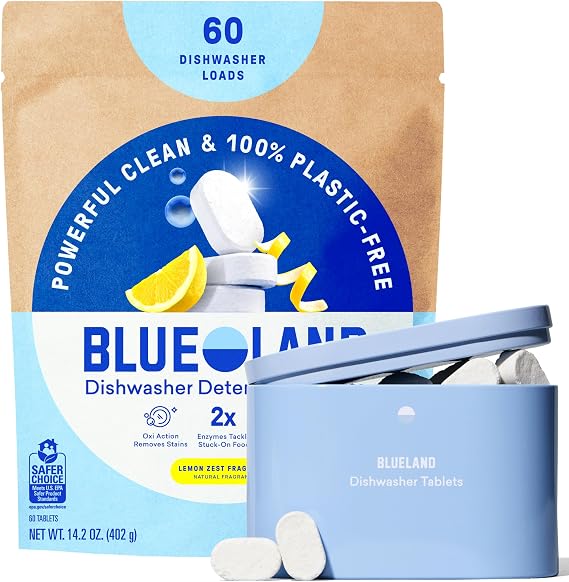BLUELAND 100% Plastic-Free Dishwasher Detergent Tablets Set, Lemon Zest | Eco-Friendly Dishwashing Pods, Cuts Grease & Stuck on Food, Rinses Clean for Streak-Free Shine, Fully Dissolves, Septic Safe
