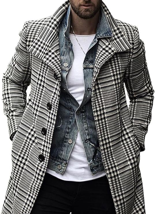 utcoco Men's Plaid Trench Coat Lapel Single Breasted Peacoat 2024 Fall Winter Overcoat With Pockets