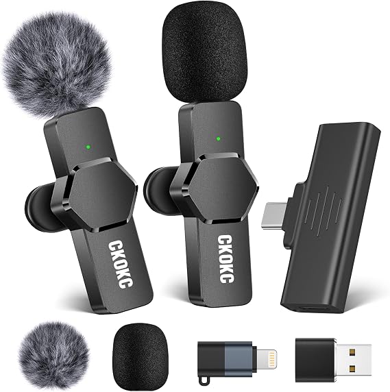 Wireless Lavalier Microphone for iPhone - Android Computer Mini Microphone with Clips & Holders for Live Streaming Video Recording Interviews YouTube TikTok Vlog Black