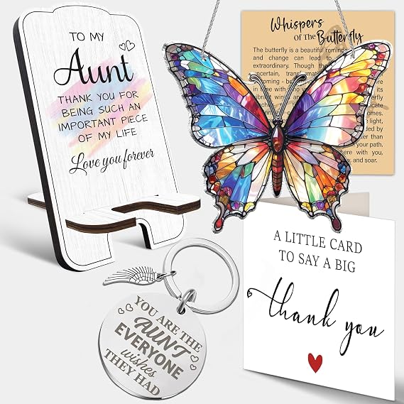 Aunt Appreciation Gift from Niece Nephew, Birthday Gifts for Aunts Women | Wooden Auntie Phone Stand, Butterfly Suncatcher Ornament, Best Aunt Engraved Keychain, Thank You Card FF832
