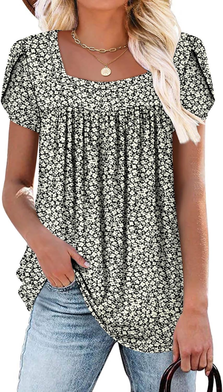 CHICZONE Womens Tunic Tops Short Sleeve Blouse for Leggings Loose Fit Summer Square Neck Shirts S-3XL