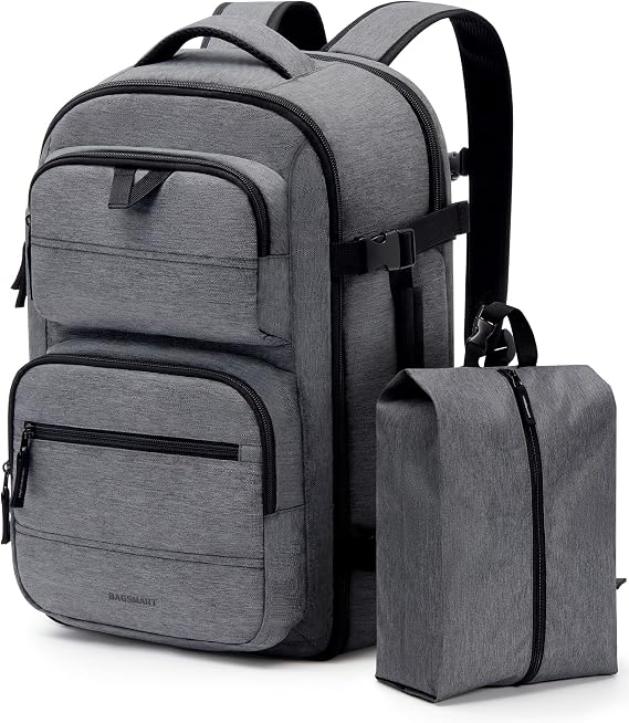 BAGSMART Travel Backpack for Women Men, 40L Flight Approved Carry on Backpack with Shoe Bag, TSA Large Personal Item Backpack with 17 Inch Laptop Compartment, Weekender Suitcase for Travel, Grey