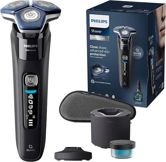 Philips Shaver Series 7000 - Wet & Dry Mens Electric Shaver with SkinIQ Technology, Razor with Pop-up Trimmer, Charging Stand, Travel Case, Quick Clean Pod and Quick Clean Cartridge (Model S7886/55)