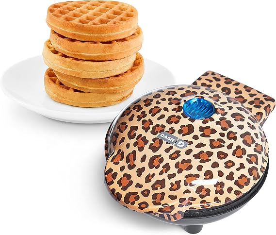 Dash Mini Waffle Maker, 4-Inch Nonstick Surface, Orange Leopard Print | Small Waffle Iron for Dorms & RVs, Chaffle Maker & Compact Waffle Machine, Mini Waffles for Kids & Families