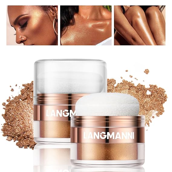 HOSAILY Body Glitter Powder, Air Cushion Highlighter for Face, Hair, Eye Brightener, Sparkling Bronze Body Shimmer Patting Powder Smooth Easy-Use Blush Glow Makeup, Golden Brown