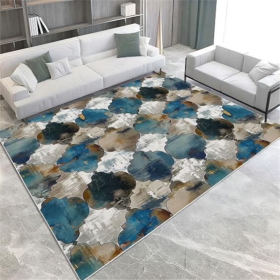 Washable Area Rugs for Living Room Bedroom, Geometric Moroccan Tiles Area Rug 2 X 3 Ft, Soft Low Pile Retro Carpet, Non Slip Non-Shedding Indoor Carpet for Kids Room Home Decor