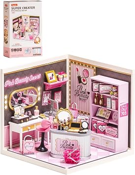 Rolife Super Creator Pink Beauty Secret DIY Miniature House Kit - No Glue Plastic Click-Assembly Dollhouse with Type-C LED Light - Stackable Room Box Toy for Adults and Teens (115 PCS)