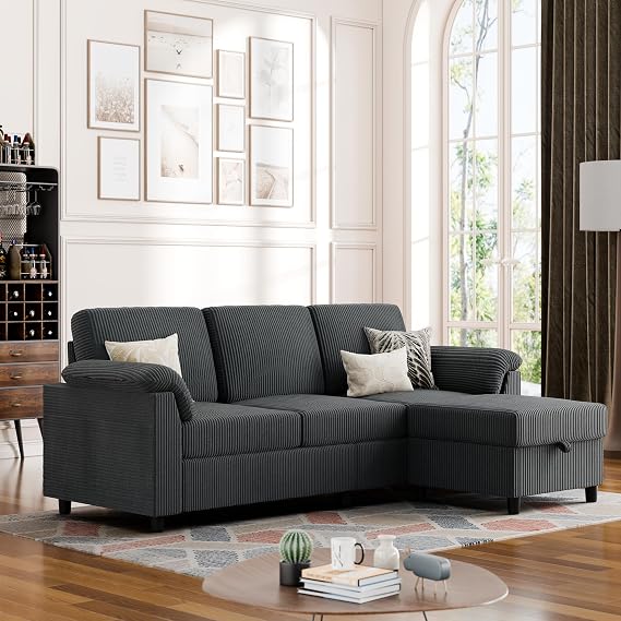Vongrasig Convertible Sectional Sofa Couch, 3 Seat L Shaped Sofa with Removable Pillows Soft Corduroy Fabric Small Couches Mid Century for Living Room, Apartment and Office (Gray)