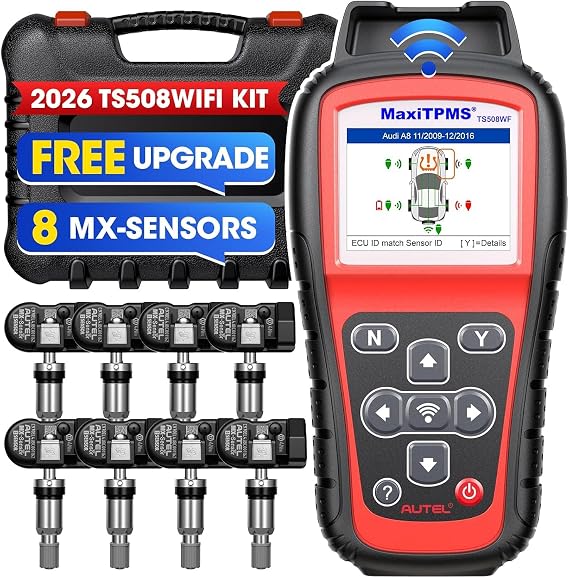 Autel MaxiTPMS TS508WiFi Kit with 8PCS MX-Sensors, 2026 Level-up of TS508K, TS408, TS501, TS601, Universal Programming, Relearn, Activation Tool, Copy by OBD, Tire Monitoring System, Free Update
