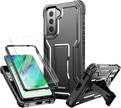 FITO for Samsung Galaxy S21 FE Case, Dual Layer Shockproof Heavy Duty Case for Samsung S21 FE 5G Phone with Screen Protector, Built-in Kickstand Black