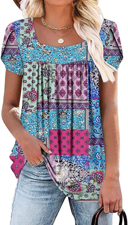 CHICZONE Womens Tunic Tops Short Sleeve Blouse for Leggings Loose Fit Summer Square Neck Shirts S-3XL