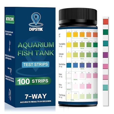 DIPSTIK Aquarium Test Strips, 7-Way Freshwater Saltwater Fish Tank Pond Test Kit, 100 Strips, Nitrate, Nitrite, Chlorine, Hardness, Alkalinity, Carbonate, pH