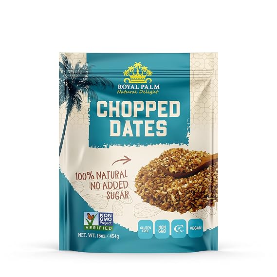 Chopped Dates | 100% Natural & Pitted | 16oz, Non-GMO, Kosher, No Added Sugar, Gluten-Free, Dried Fruit | Royal Palm | Ideal for Baking, Cooking, Snacking | 1LB