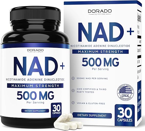 NAD Supplement (500mg of 95% Pure NAD+ Per Serving) NMN Supplement, NAD Nicotinamide Riboside Support (Third Party Tested, Vegan Safe, Non-GMO, No Fillers, Made in the USA - 30 Vegan Capsules)