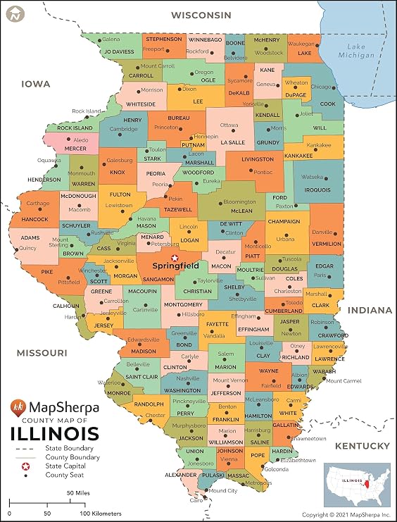 Illinois Counties Map - Standard - 36" x 47.5" Laminated
