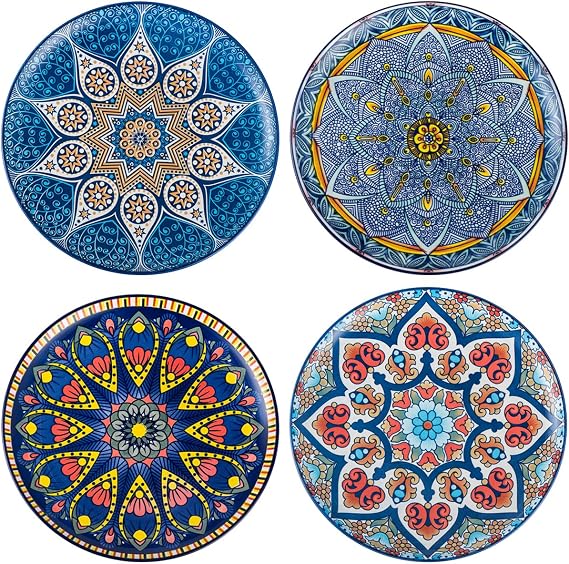 UNICASA Ceramic Dessert Plates 8.25 Inch, Colorful Salad Serving Dishes Microwave & Dishwasher Safe, Set of 4 - Mandala Style