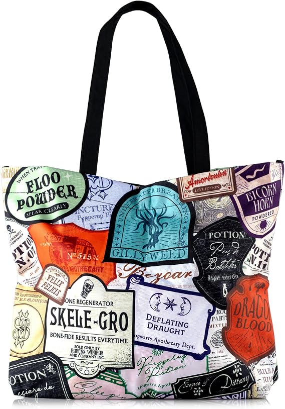 ConQuest Harry Potter Potions Labels Tote Bag | Durable Woven Polyester, Snap Closure, Patterned Inside Pocket, Elastic Wand/Pen Loop, 18"x14"x4", Officially Licensed