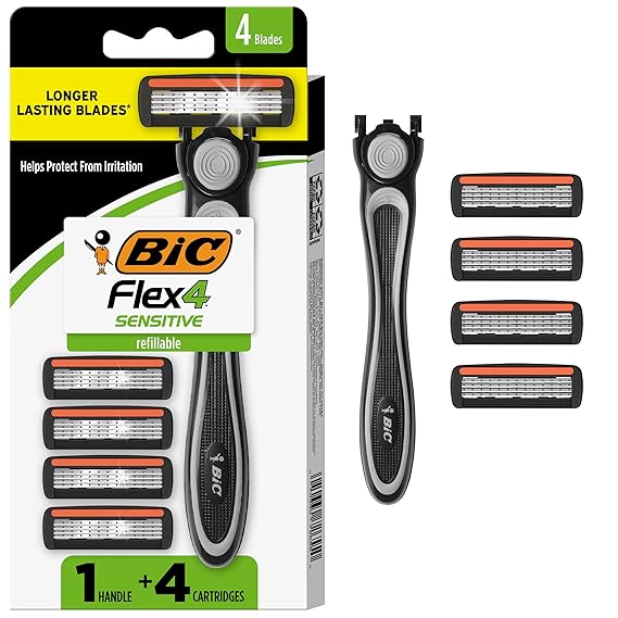 BIC Flex 4 Mens Refillable 4-Blade Razors, 1 Handle, 4 Cartridges | Pivoting Head, Lubricating Strip, Black and Green Color, Ergonomic Design, Gift for Fathers Day